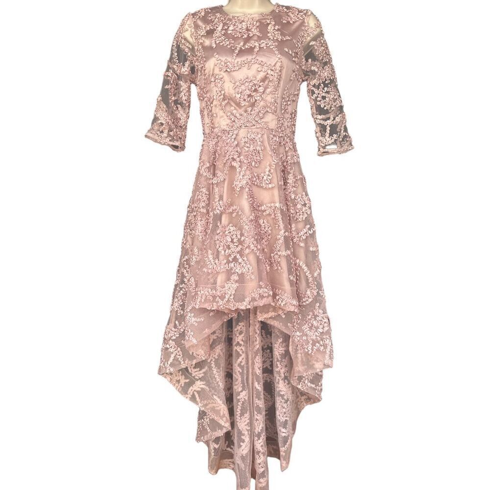Saved by the Dress Embroidered Ribbon Sheer Mesh Pink Lace High-Low Dress